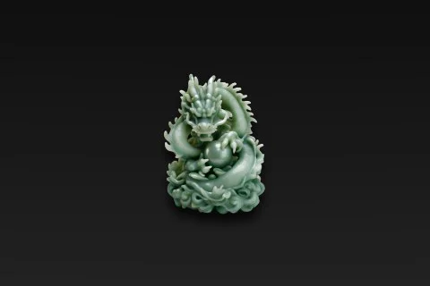 Photograph of a small, round, green-colored sculpture of a dragon 3D model preview