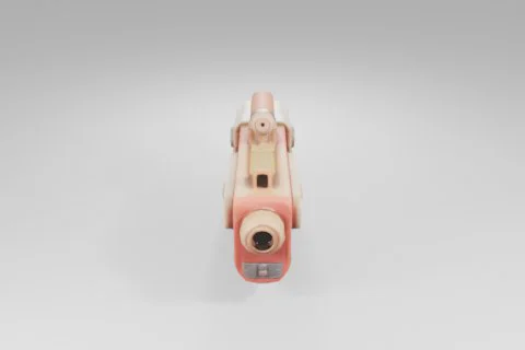 Stylized toy blaster features a chunky red and beige body with playful 3D model preview