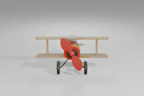 Toy biplane featuring a shiny yellow body, beige wings, large red spinning 3D model preview