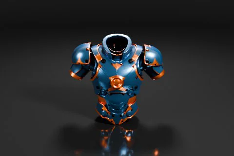 Glossy blue and orange armored chest plate features geometric accents and 3D model preview