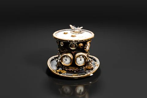 Small, ornate clock with a round, cylindrical body and a lid 3D model preview