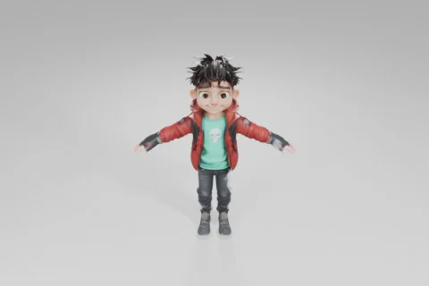 Stylized cartoon boy with spiky dark hair stands smiling with arms wide open 3D model preview