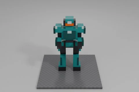 Teal and black armored robot stands ready with clenched fists, slightly bent 3D model preview