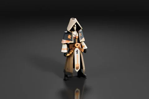 Stylized character in a hooded robe with a skull mask, cross symbols, and 3D model preview