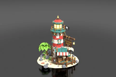 Cartoonish pirate-themed lighthouse called "Lantern Rock" on a tiny tropical 3D model preview