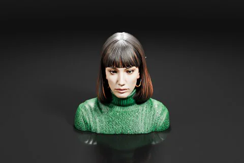 Portrait of a young woman with shoulder-length dark hair and bangs 3D model preview