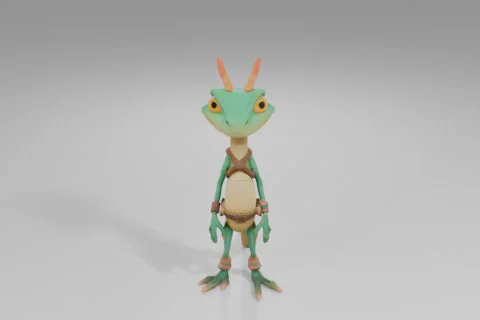 Cartoon lizard character with bright green scales, yellow underbelly, big 3D model preview