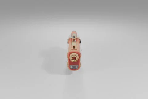 Stylized toy blaster features a chunky red and beige body with playful 3D model preview