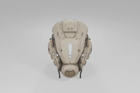 Futuristic, armored helmet in matte tan features glowing blue lights, an 3D model preview