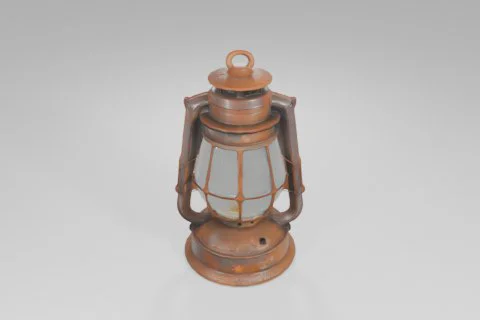 Rusty metal lantern with a cracked glass enclosure stands upright, showing 3D model preview