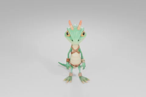 Cartoon lizard character with bright green scales, yellow underbelly, big 3D model preview