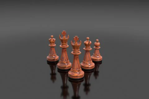 Polished mahogany chess king piece with an ornate crown finial and beveled 3D model preview