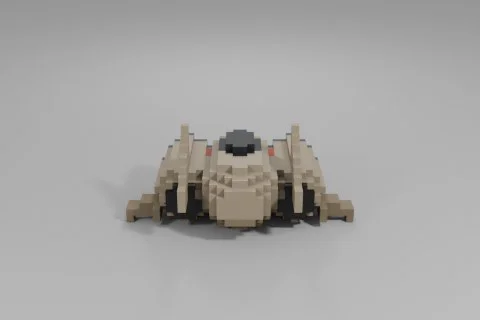 Small, sleek, beige spaceship with rounded edges and a dark cockpit sits on a 3D model preview