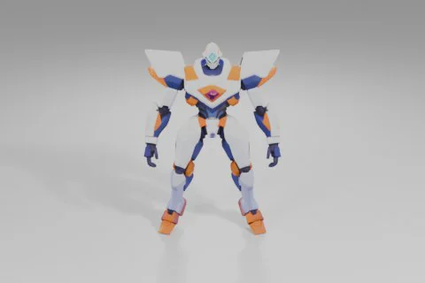 Futuristic humanoid robot clad in white, blue, and orange armor stands 3D model preview