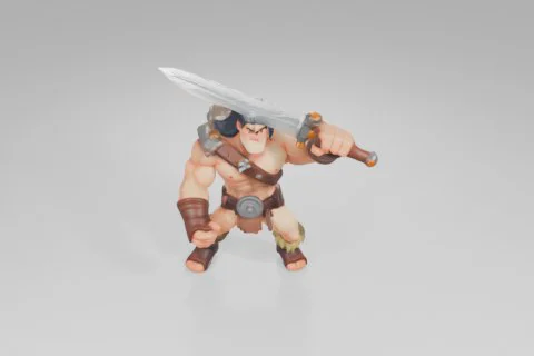 Muscular cartoon barbarian character with long black hair stands firmly 3D model preview