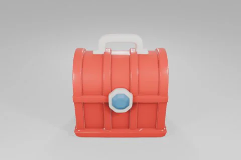 Bright red treasure chest with a curved lid and white handle, decorated with 3D model preview