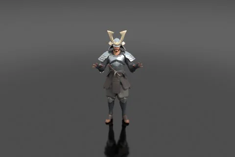 Low-poly stylized samurai warrior in geometric faceted armor plates, katana 3D model preview