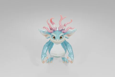 Bright blue creature with large orange eyes, textured scales, a pale belly 3D model preview