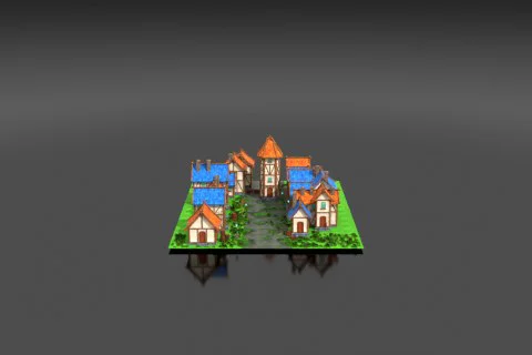 Stylized medieval village: cobblestone lane between half-timbered houses with 3D model preview