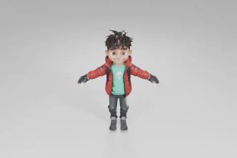 Stylized cartoon boy with spiky dark hair stands smiling with arms wide open 3D model preview