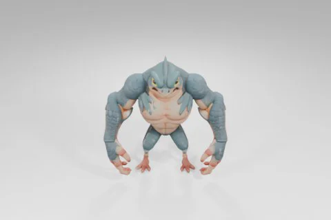 Muscular humanoid creature with a lizard-like face, blue-green scales, and 3D model preview
