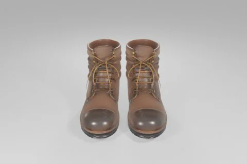 Brown leather lace-up boots with rugged black rubber soles, featuring multiple 3D model preview