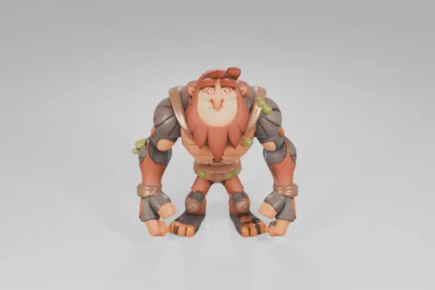 Cartoonish golem character with a rugged wooden texture and green moss 3D model preview