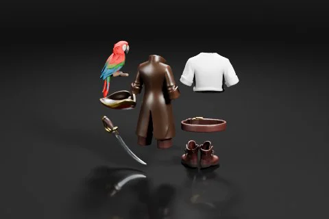 Collection of items arranged on a black background 3D model preview