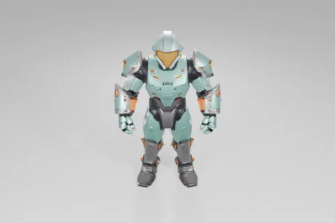 Humanoid robot stands upright, clad in teal and black futuristic armor with 3D model preview