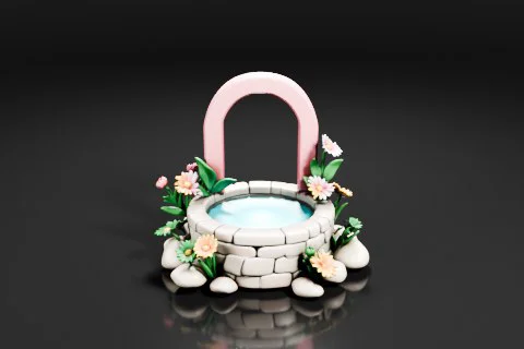 Round stone wishing well with a pink arched frame, filled with blue water, is 3D model preview