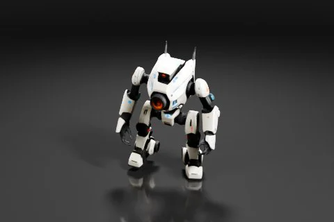 Futuristic humanoid robot with white armor, orange accents, and articulated 3D model preview