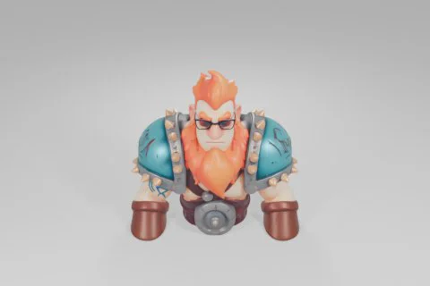 Muscular cartoon warrior with bright orange hair and beard wears dark 3D model preview