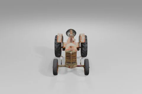 Old green tractor with rust patches and large black tires faces forward 3D model preview