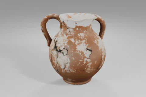 Brown ceramic jug with a single handle shows extensive surface cracks and 3D model preview