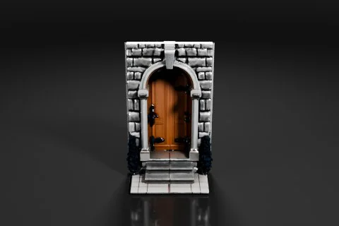 Wooden arched door with iron hinges and a handle is set in a stone frame 3D model preview
