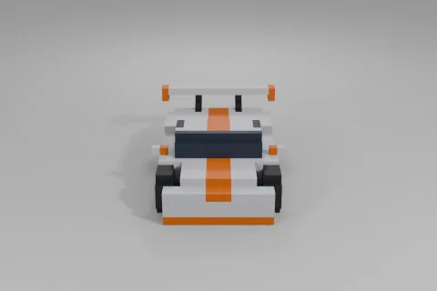 White sports car with orange accents and a large rear wing is viewed from the 3D model preview