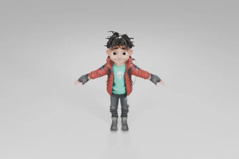 Stylized cartoon boy with spiky dark hair stands smiling with arms wide open 3D model preview