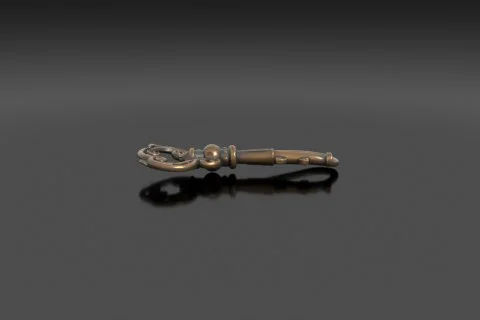 Cast-iron antique skeleton key with an ornate scrollwork bow and worn patina 3D model preview