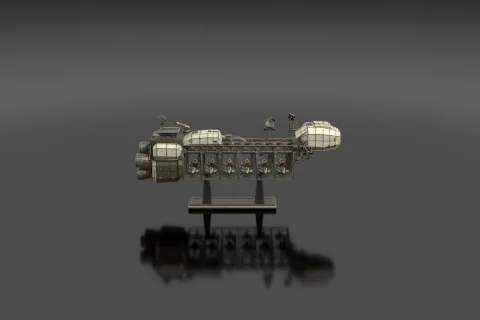 Spine-truss sci-fi carrier model with exposed hangar cradle and fighter craft 3D model preview