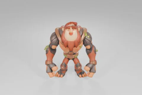 Cartoonish golem character with a rugged wooden texture and green moss 3D model preview