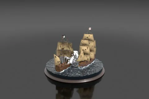 Two miniature pirate ships in combat on a resin ocean diorama base 3D model preview