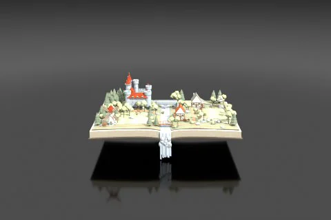 Open storybook page transforming into a low-poly 3D fantasy village: a 3D model preview