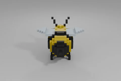 Stylized bee constructed from yellow and black blocks features white wings 3D model preview
