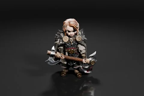Miniature figurine of a young girl with blonde hair and a fierce expression 3D model preview