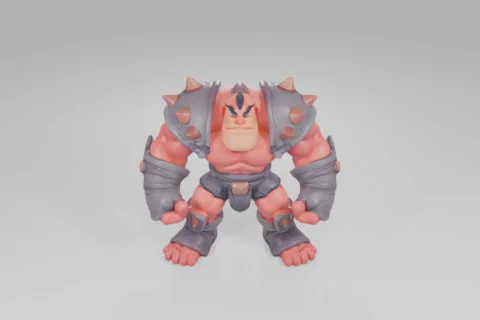Muscular cartoon warrior with bright red skin and a fierce expression stands 3D model preview
