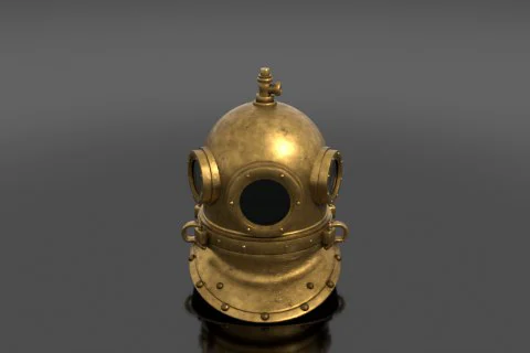 Vintage brass diving helmet, riveted brass, thick glass viewports 3D model preview