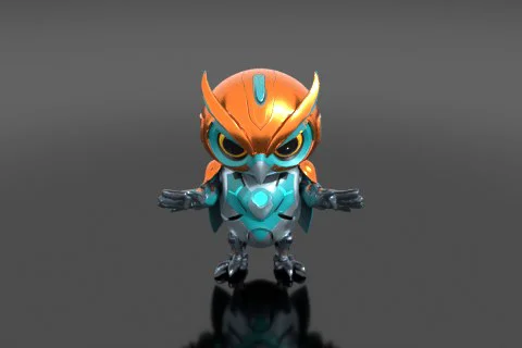 Chibi-style robotic owl companion with round LED eyes and articulated metal 3D model preview