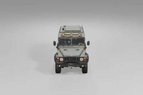 Rugged green military-style off-road vehicle stands on thick tires, equipped 3D model preview
