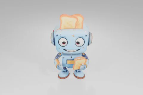 Blue robot with large eyes and a wide smile holds a slice of toast, while two 3D model preview