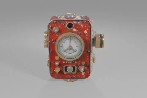 Red, weathered mechanical device featuring a large central gauge, brass 3D model preview